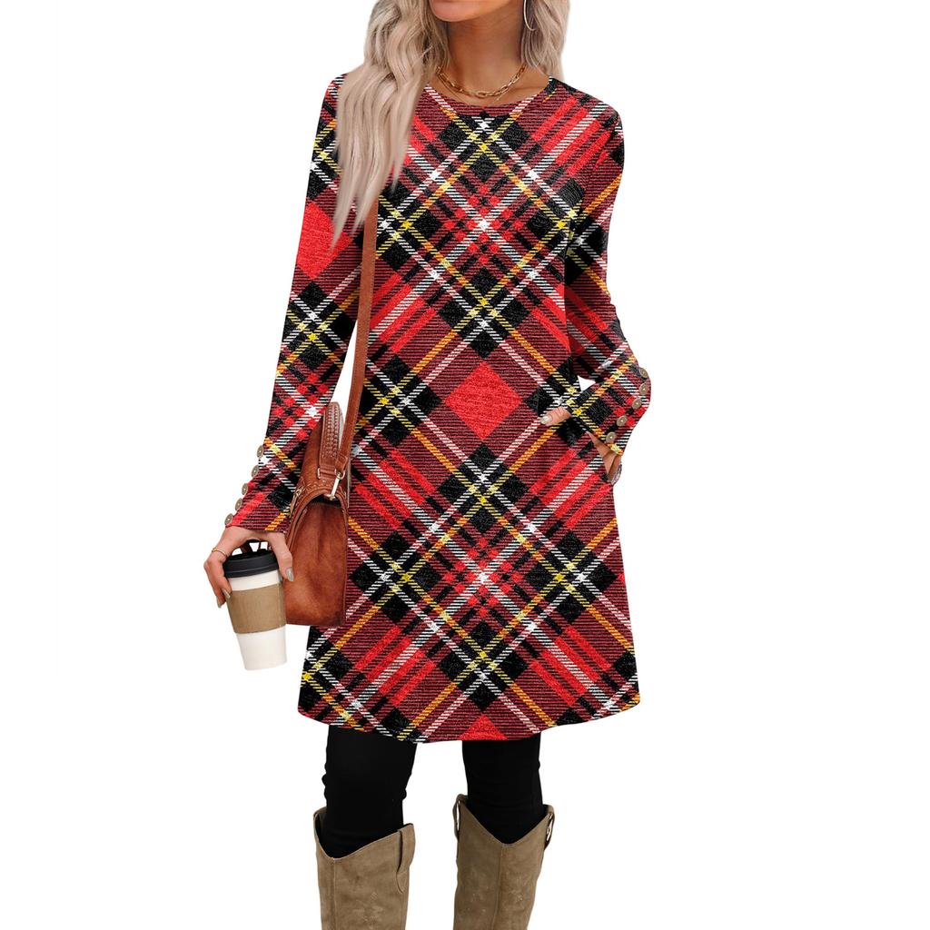 Rochie Casual de Damă la Modă cu Buzunare, Nasturi Decorativi, Gât Rotund și Mâneci Lungi