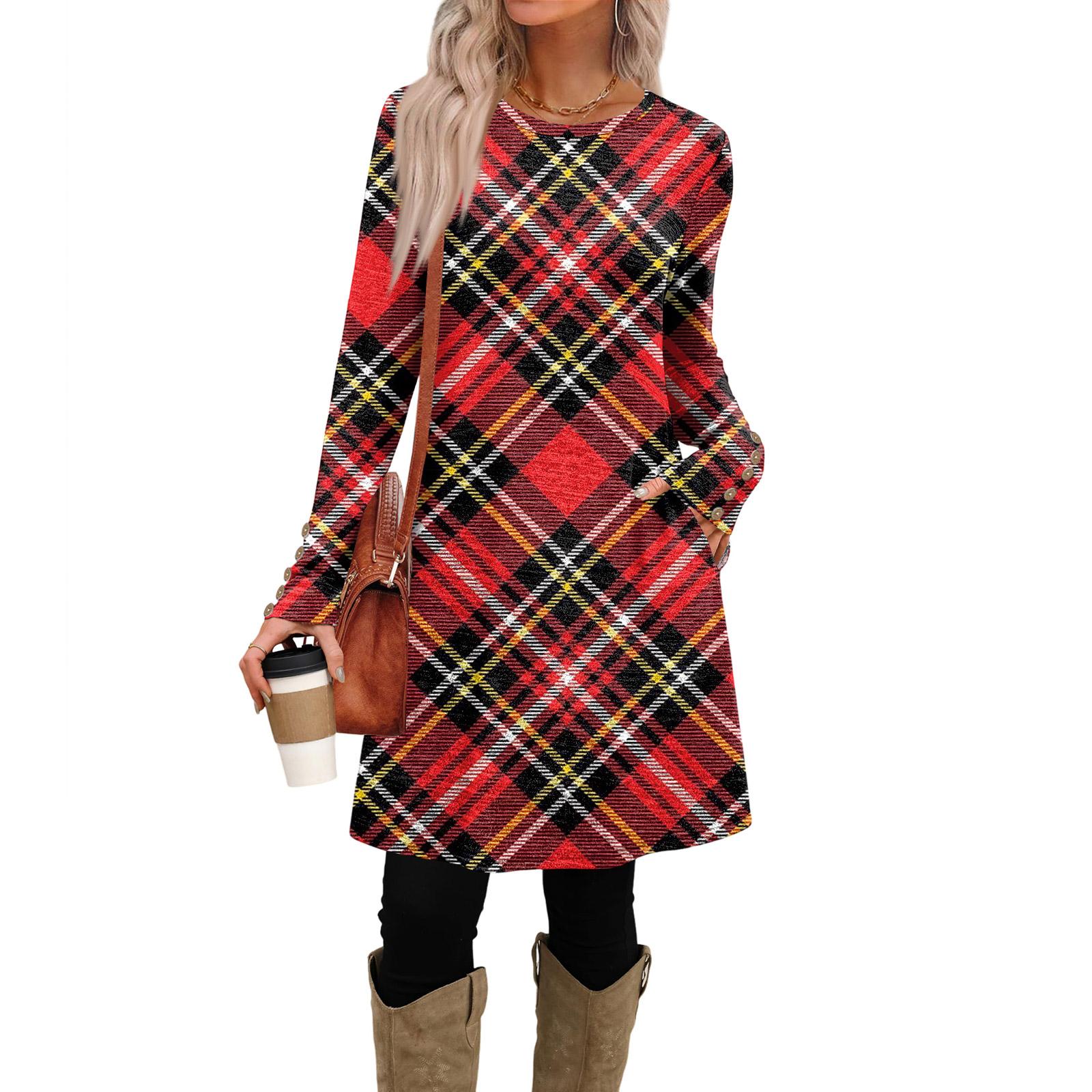 

Женское модное повседневное платье с карманами, декоративными пуговицами, круглым вырезом и длинными рукавами M винный