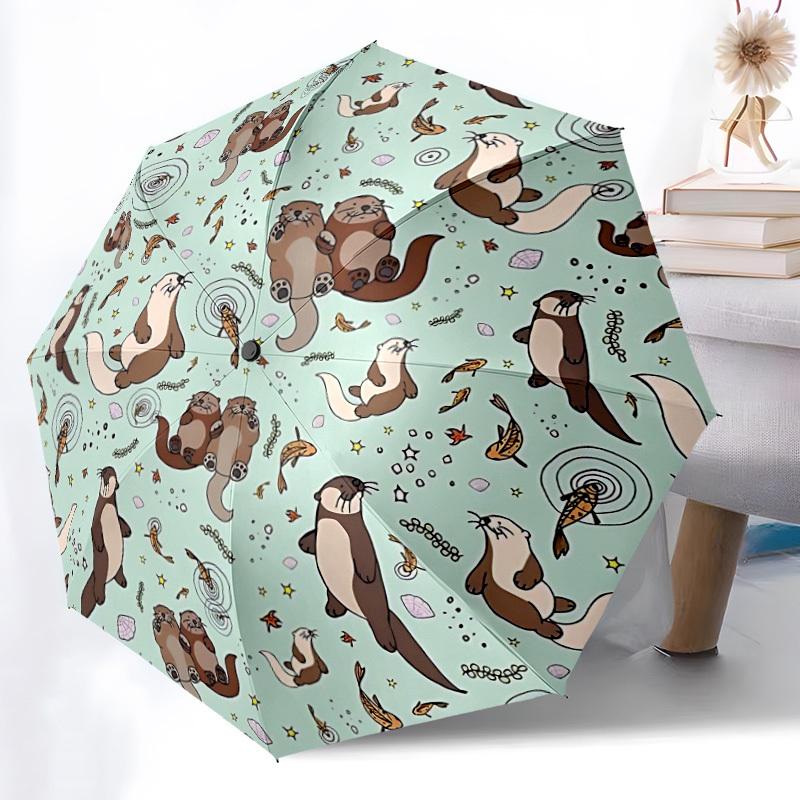 1pc Otters Pattern Automatic Folding Umbrella - Compact 8-Rib Design, Durable Plastic & Iron, Lightweight for Outdoor Daily Use034