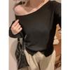 French off-shoulder buttoned slit long-sleeved sweater for women autumn one-shoulder inner layering slim fit and beautiful short top