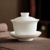 Suet jade white porcelain drawing Phnom Penh Sancai cover bowl teacup Kung Fu tea set tea bowl pure white large warm brewing tea bowl