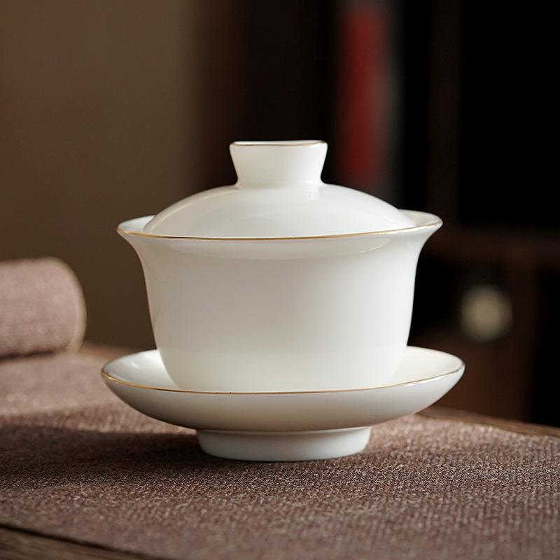 Suet jade white porcelain drawing Phnom Penh Sancai cover bowl teacup Kung Fu tea set tea bowl pure white large warm brewing tea bowl