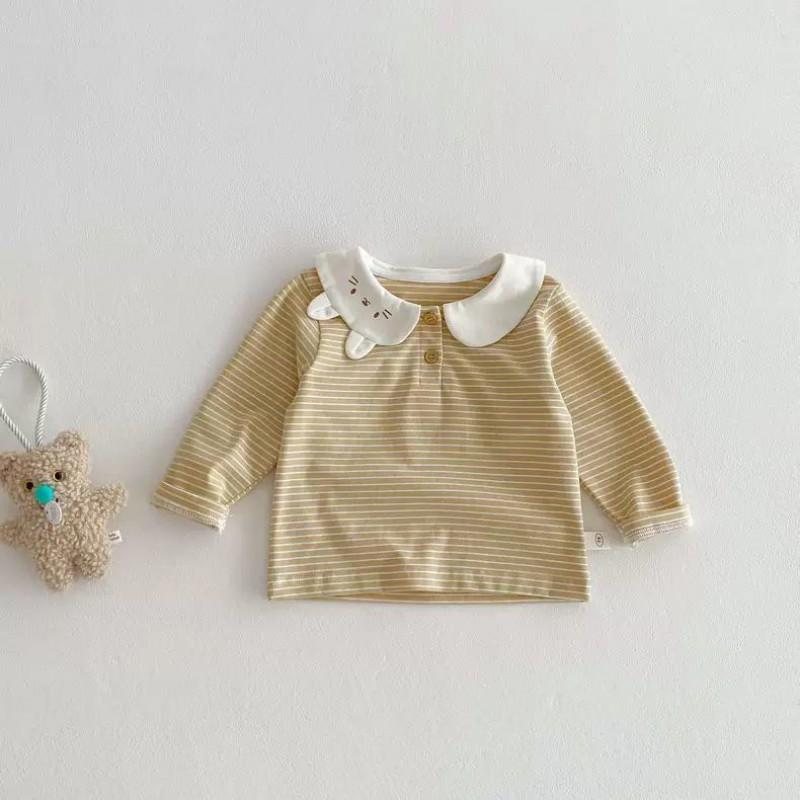 Girls Long Sleeve Cotton T-Shirt With Cartoon Ears Collar Striped Design Toddlers Kids