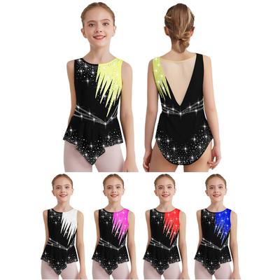 Body da competizione da ragazza senza maniche con strass lucidi a contrasto colore per ginnastica ritmica
