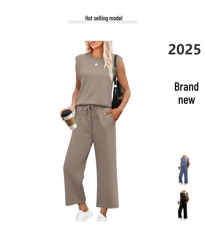 2025 Women's Loose Sleeveless Two-Piece Set: Round Neck Vest Top & Pants