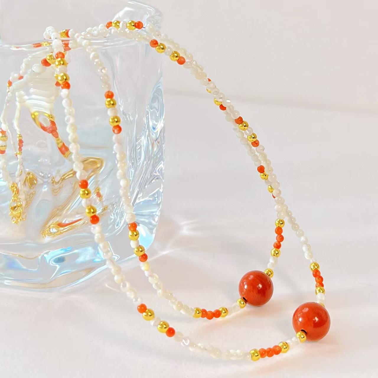 Vintage Design Natural Shell Nanhong Artificial Cinnabar Collarbone Chain Necklace