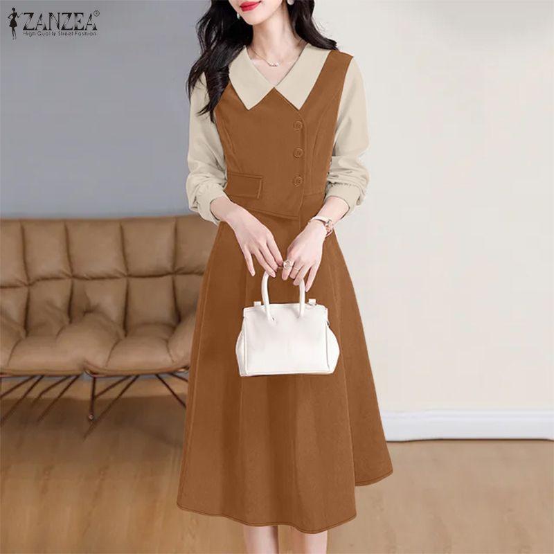 ZANZEA Women Casual Turn Down Collar Patchwork Long Sleeve Dress