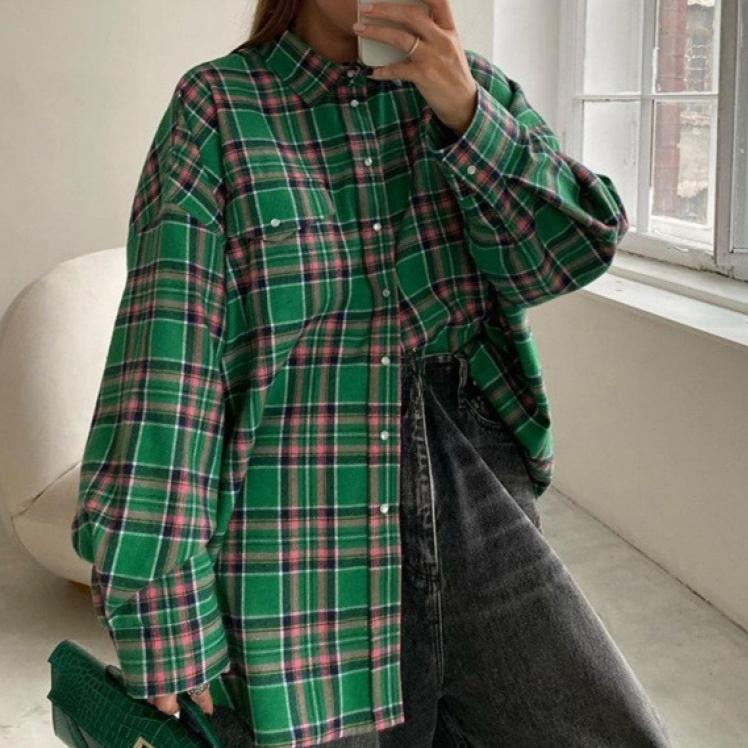 Autumn Plus Plaid Shirt Long Sleeved Lapel Button Loose Casual Shirt Blouses & Shirts