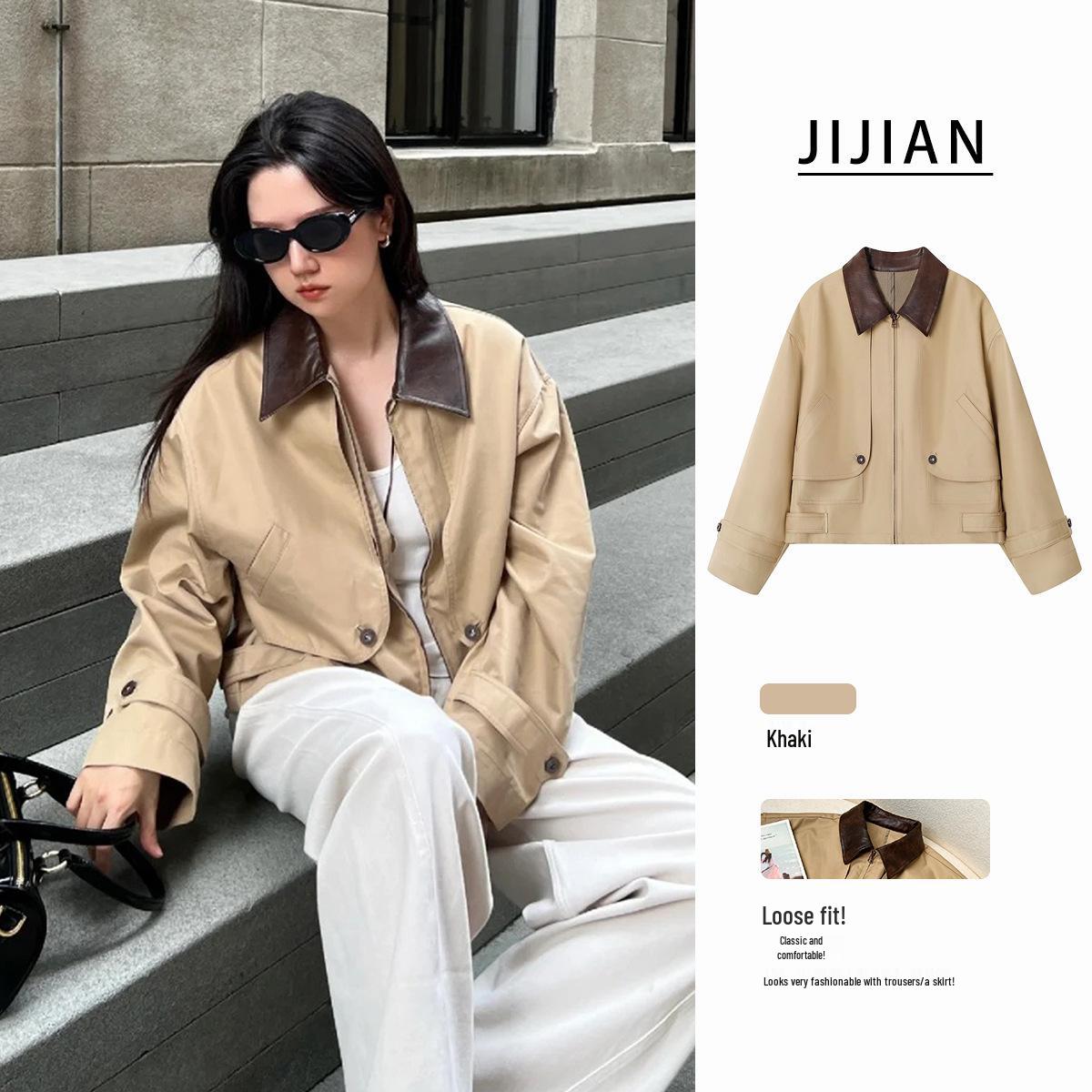 

2024 Ранняя осень Твил Хлопок Ретро Ветровка с Кожаными Вставками на Воротнике Extra Small хаки