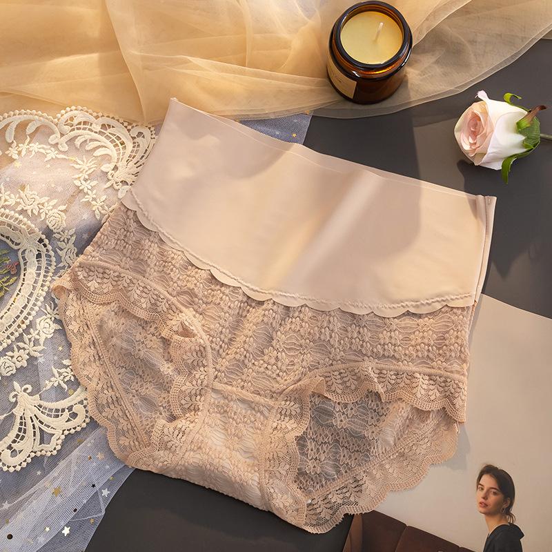 High-waisted panties women's belly cotton crotch ice silk lace underwear girl sexy seamless briefs