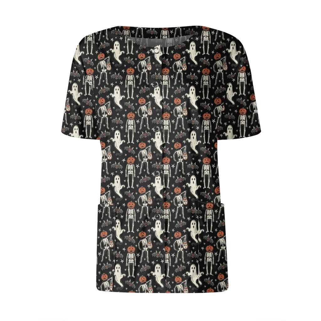 Women's Short Sleeved Patterned Pockets, Work Print Stand Up Collar, Single Breasted Protective Clothing, Cardigan Jacket, Top