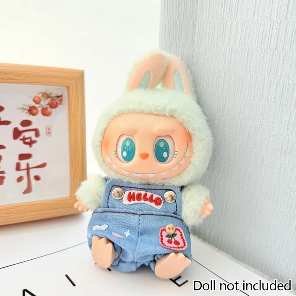 

Миниатюрный джинсовый комбинезон с вишневым декором для кукол Лабубу ростом 17 см. Милая кукольная одежда своими руками, модные аксессуары, прекрасные наряды, подарки для подруг 03