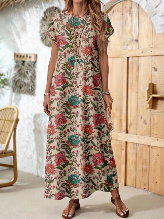 

2026 Summer Fashion Casual European & American Printed Short-sleeve Round Neck Dress for Women L