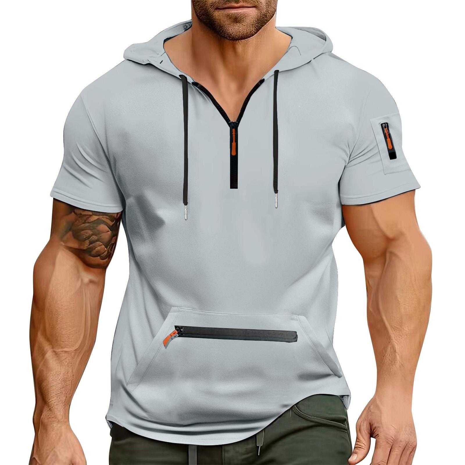 SuJu Heren Zomer Shirt Ritszak Korte Mouw Hoodie Heren Sport Grote Maat Casual Sweatshirt M lichtgrijze kleur