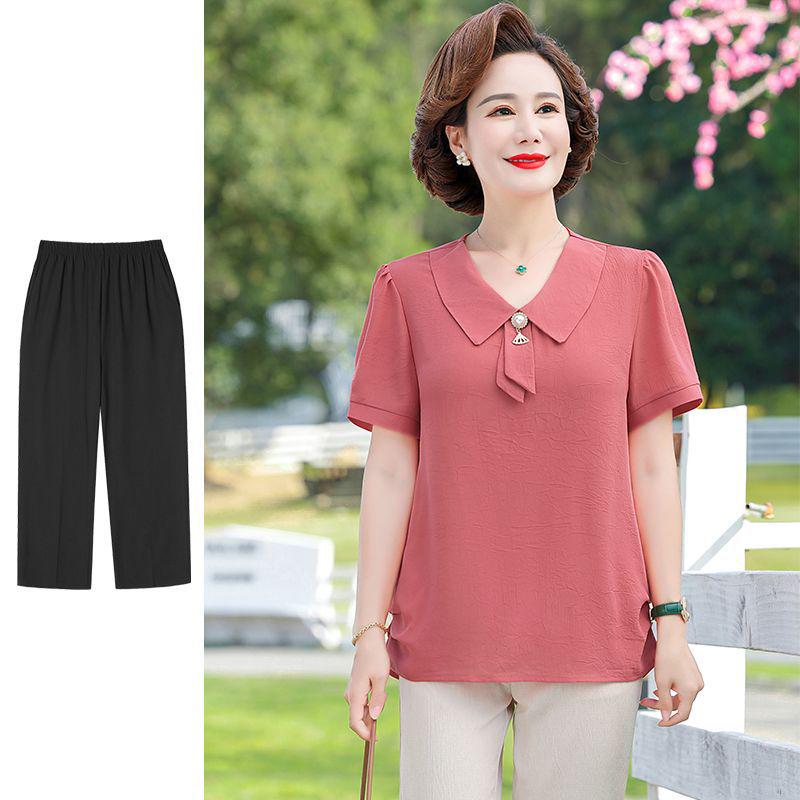 Mom's Stylish Summer Two-Piece Set: Chiffon Top & Short Sleeve T-Shirt for Middle-Aged Women