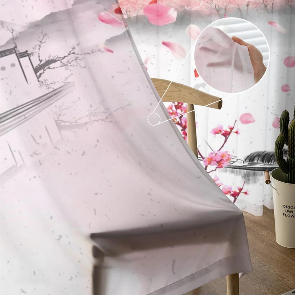 Watercolor Pink Cherry Blossom Ink Chiffon Sheer Curtains for Living Room Bedroom Decoration Window Voiles Tulle Curtain Drapes