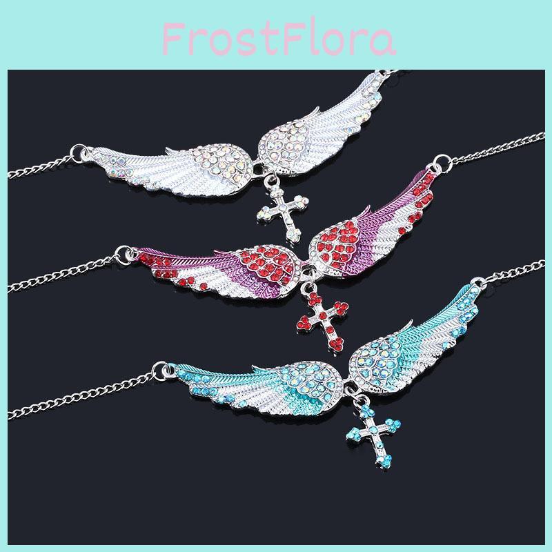 Fashion Simulated Diamond Decorated Angel Wing Cross Pendant Necklace