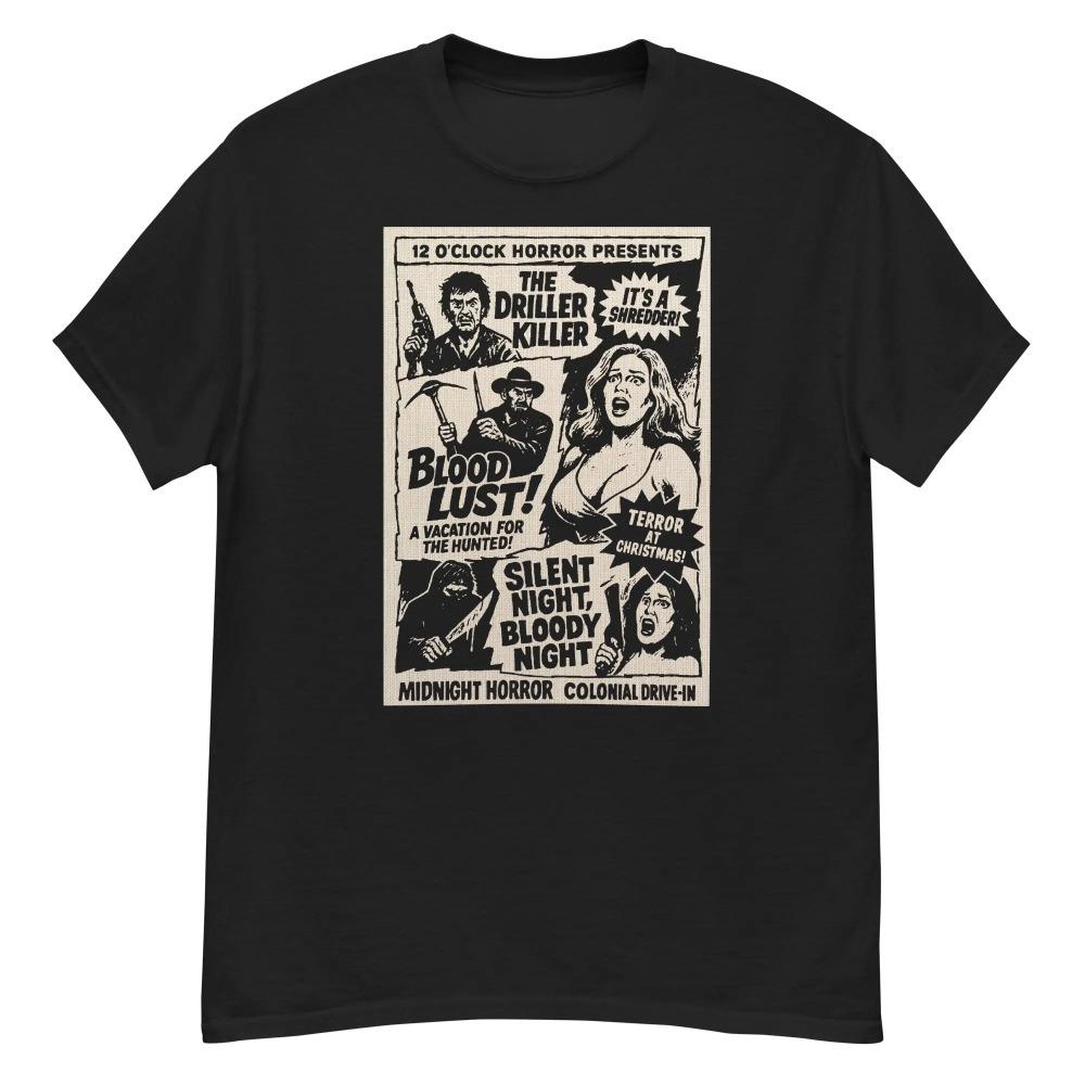 12 O’Clock Horror Vintage Poster T-Shirt Driller Killer Blood Lust Silent Night Bloody Night Dr