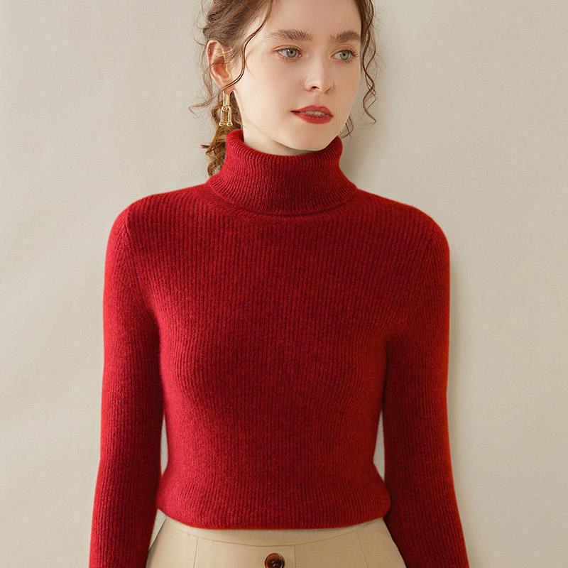 Women's High Neck Striped Cashmere Sweater - Slim-Fit Seven-Needle Knit for Autumn & Winter