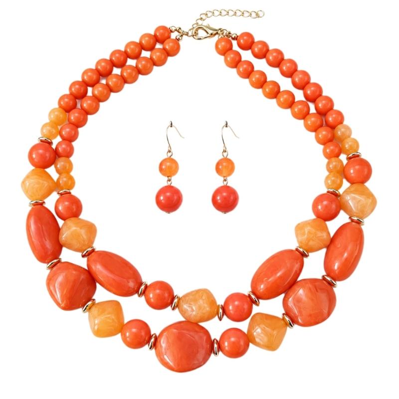 Beaded Necklace with Coordinated Drop Earrings, Double-Strand Layering, and Irregular Acrylic Beads Jewelry Set