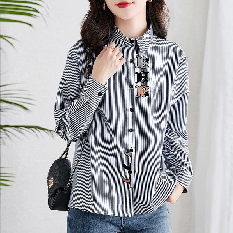 Spring Autumn New Striped Fashion Long Sleeve Shirt Women High Street Casual Button Cotton Cardigan Elegant Embroidered Tops