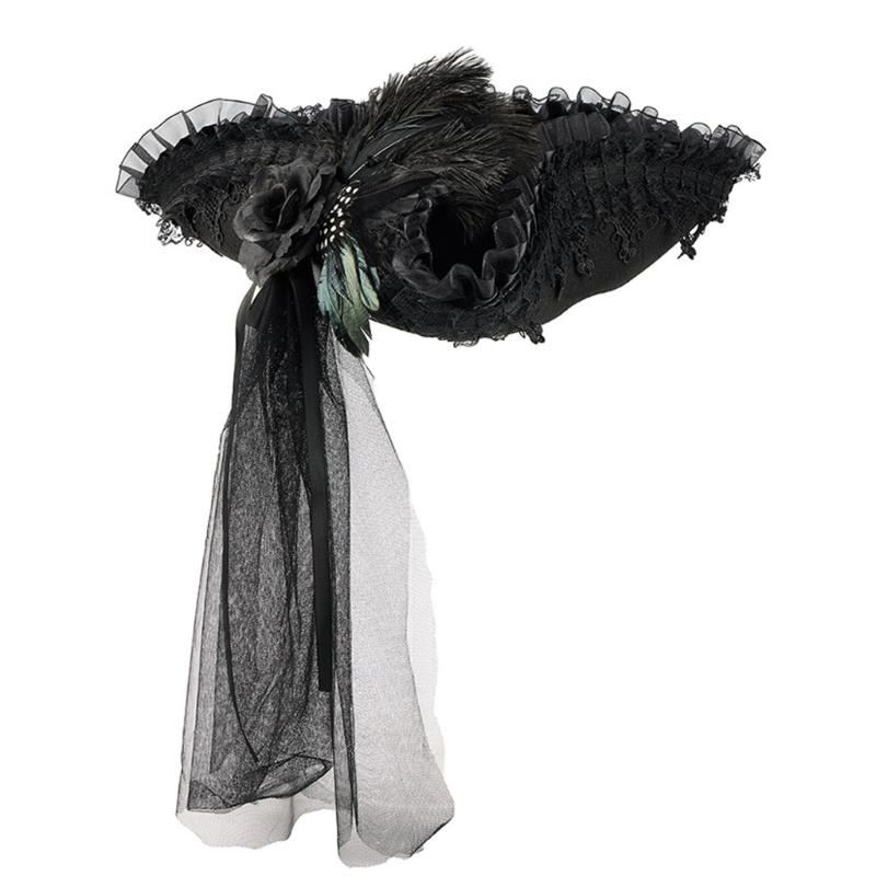 18th Century Pirate Captain Tricorn Hat With Adjustable Lace And Long Veil For Colonial Costume Halloween RolePlay Game