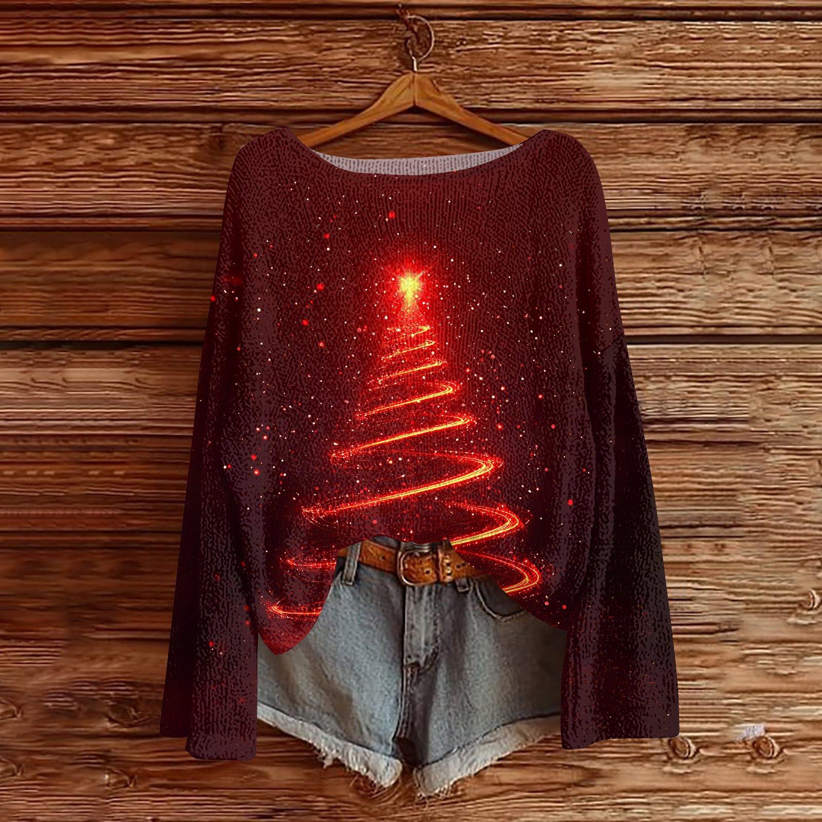 

Женский легкий свитер с круглым вырезом, повседневный вязаный пуловер с длинным рукавом и рождественским принтом. XL винный