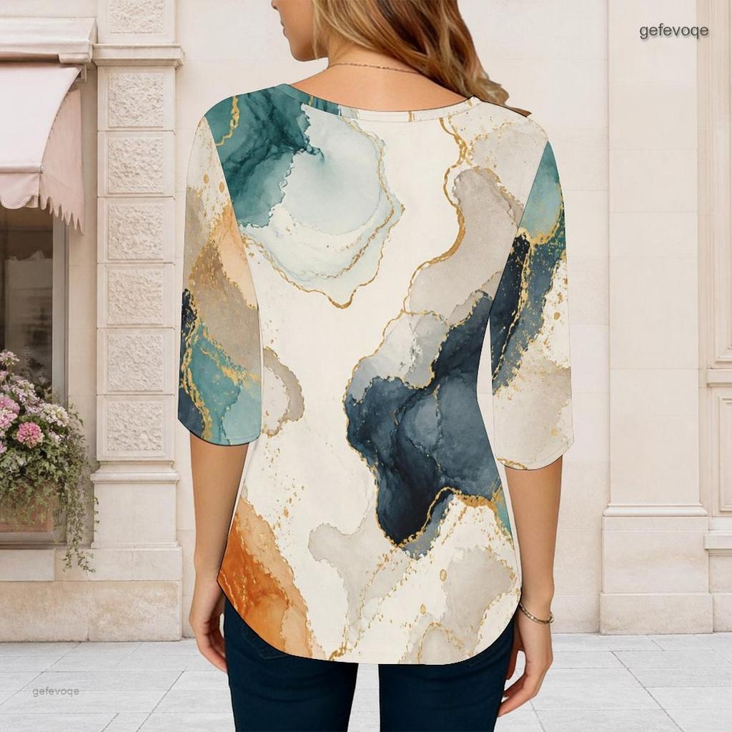 Women Plus Size Round Neck Half Sleeve Printed T Shirt Curved Hem