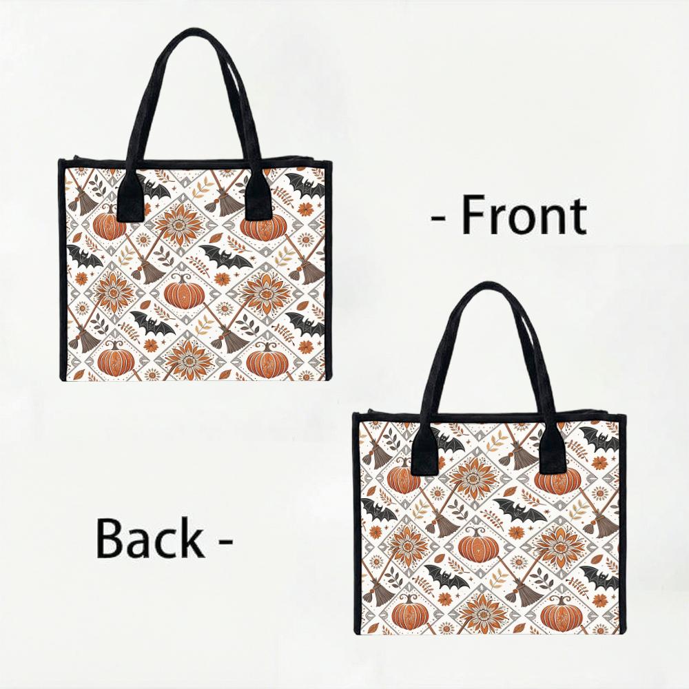 Boho Halloween Tote Bag Pumpkin Bat Pattern Casual Handbag for Daily Shopping