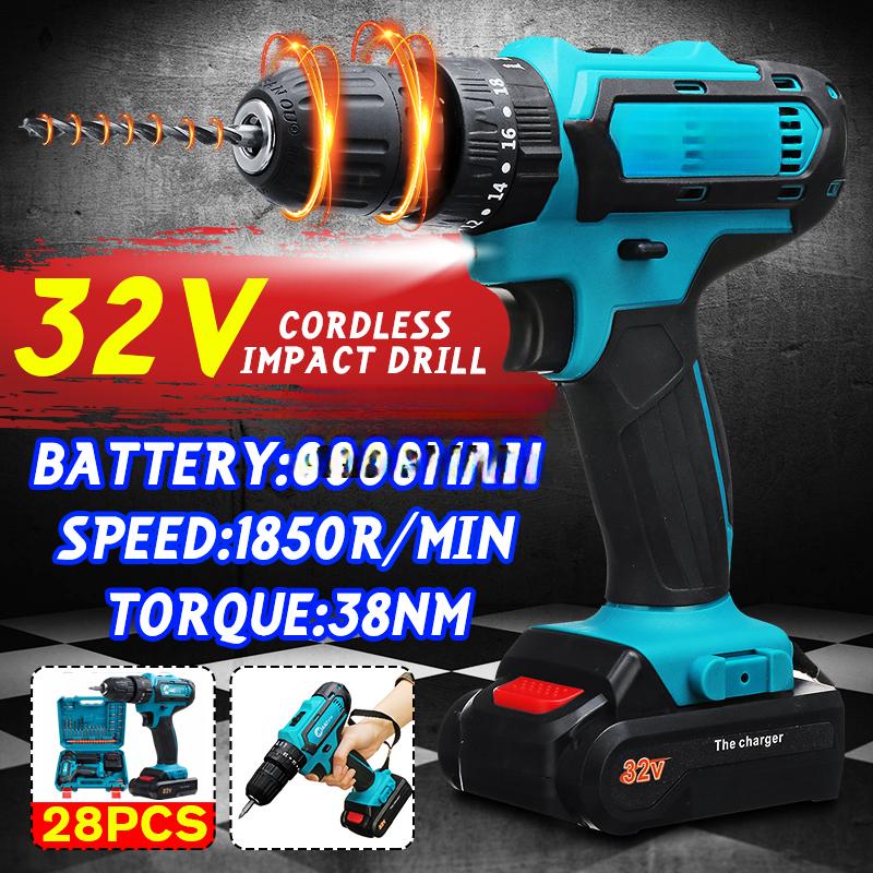2 Speed 32V Electric Cordless Impact Drill with Lithium-Ion Battery Electric Screwdriver Power Driver 3 IN1 with LED Light