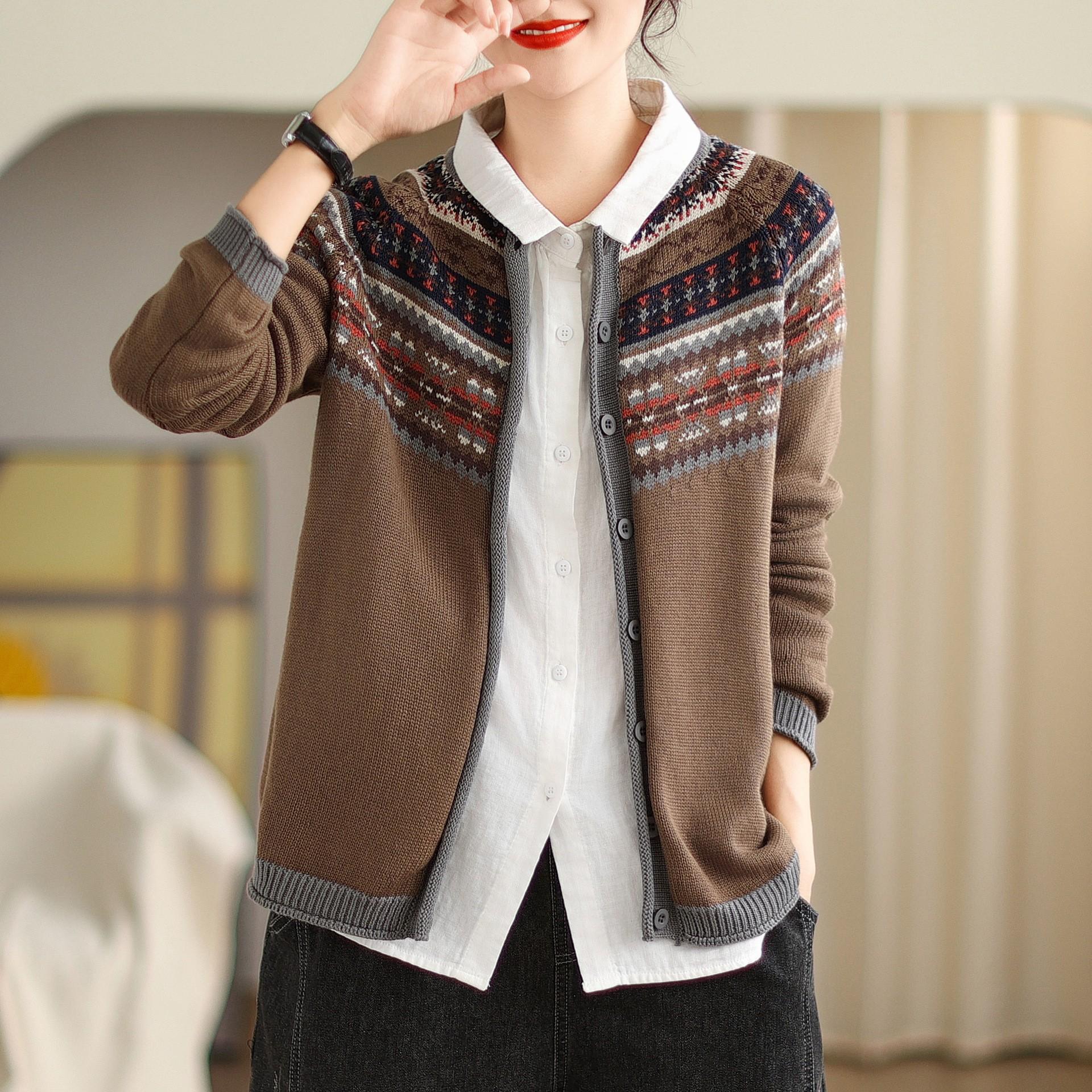 

Johnature Niche Print Vintage Loose Свободное трикотажное пальто Женское осеннее однобортное пальто с круглым вырезом и длинными рукавами One Size света кофе