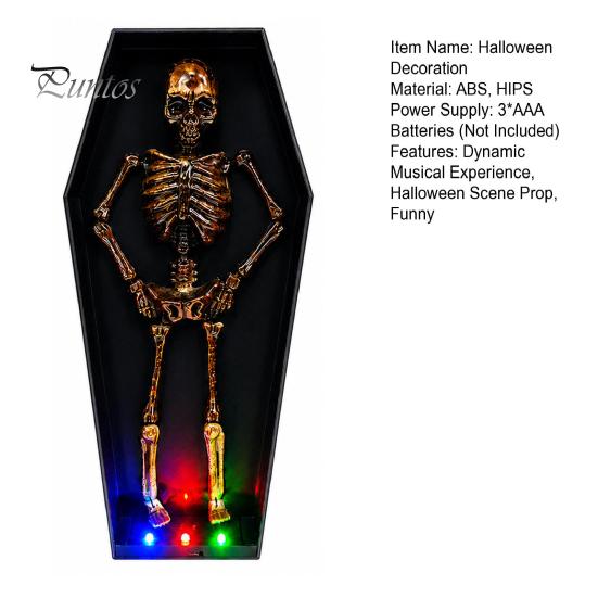 Colorful LED Halloween Light Dancing Skeleton in Casket, Up Musical Toy with Lights, Spooky Animated Decor, Party Haunted House Props Retro Ornament
