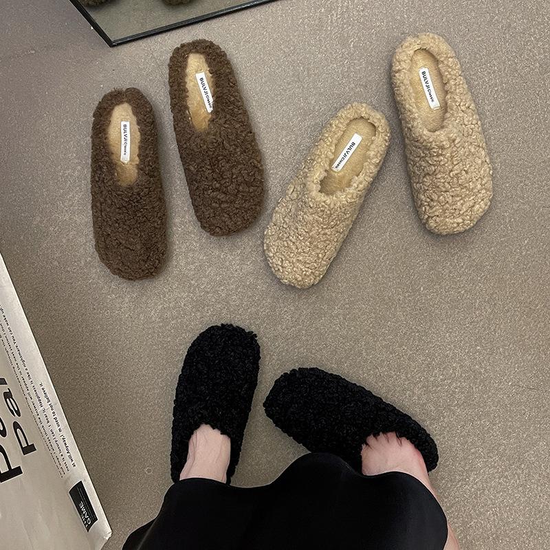 Internet celebrities popular girls casual bag head cotton shoes autumn and winter wear lazy slippers foreign style versatile flat bottom fluffy s