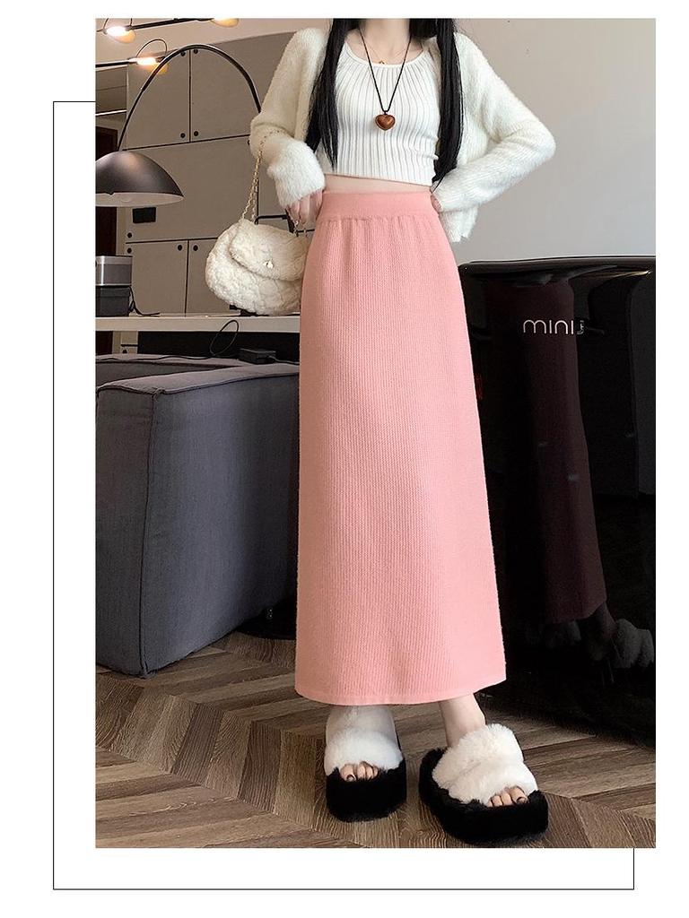 Women's Fleece-Lined Knit A-Line Midi Skirt, 2025 Autumn/Winter Style, Thickened Design, Hip-Hugging.