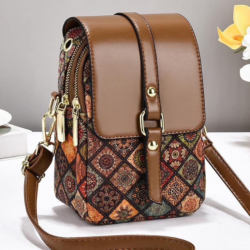 Винтажная бохо сумка через плечо для телефона для женщин, маленькая сумка на плечо с клапаном из ПУ-кожи с карманами на двойной молнии, этнический узор