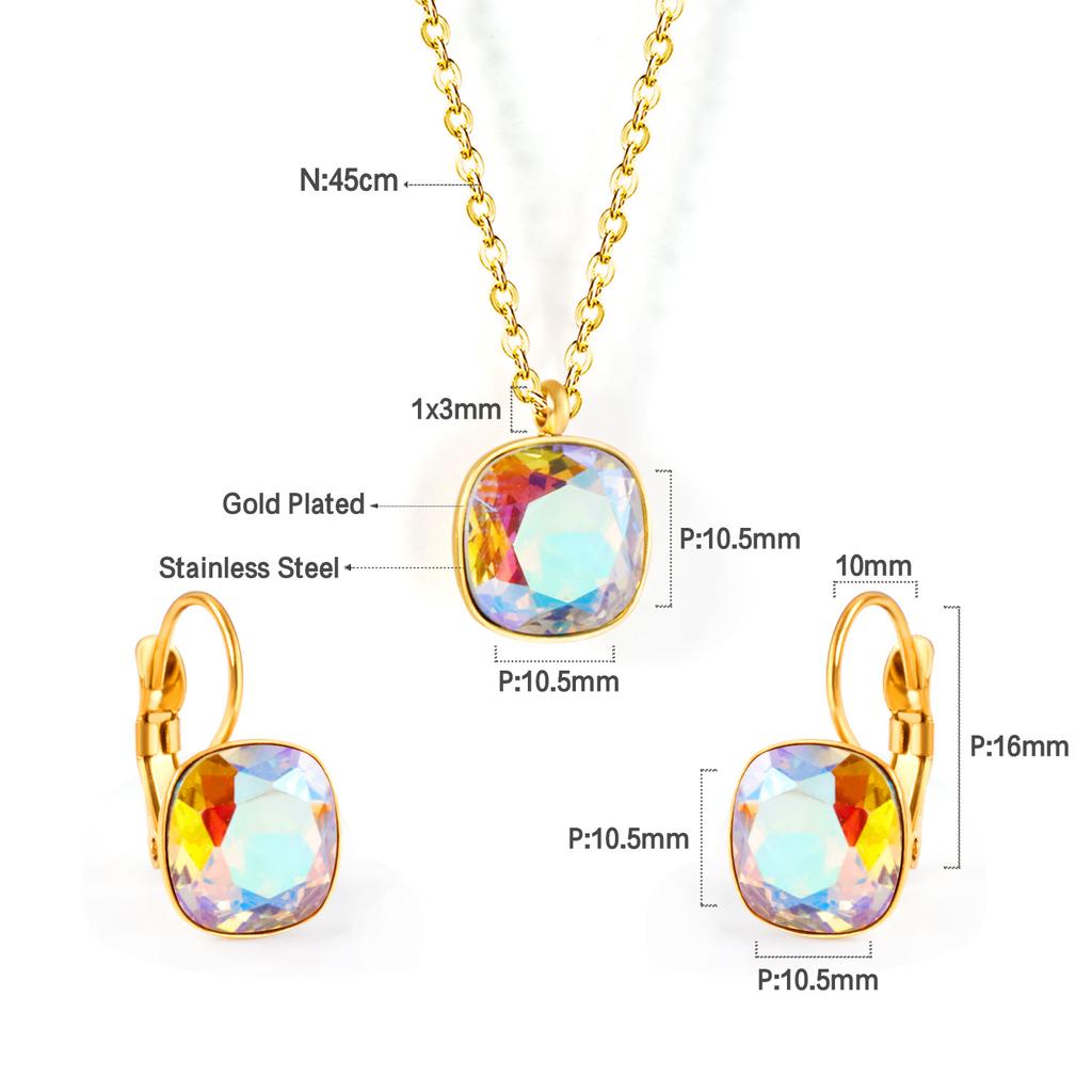 Quadratisch Mehrfarbig Kristall Anhänger Halskette Ohrringe Set Edelstahl Zirkon Set 2 Stück Für Damen Party Geschenke Kostenloser Versand