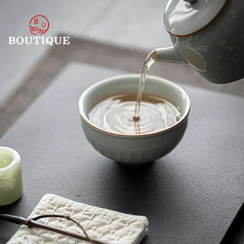100ml Handmade Embossed Teacups Lotus Petal Retro Ceramic Master Cup Kung Fu Tea Set Single Cup Household Ceramic Tea Items