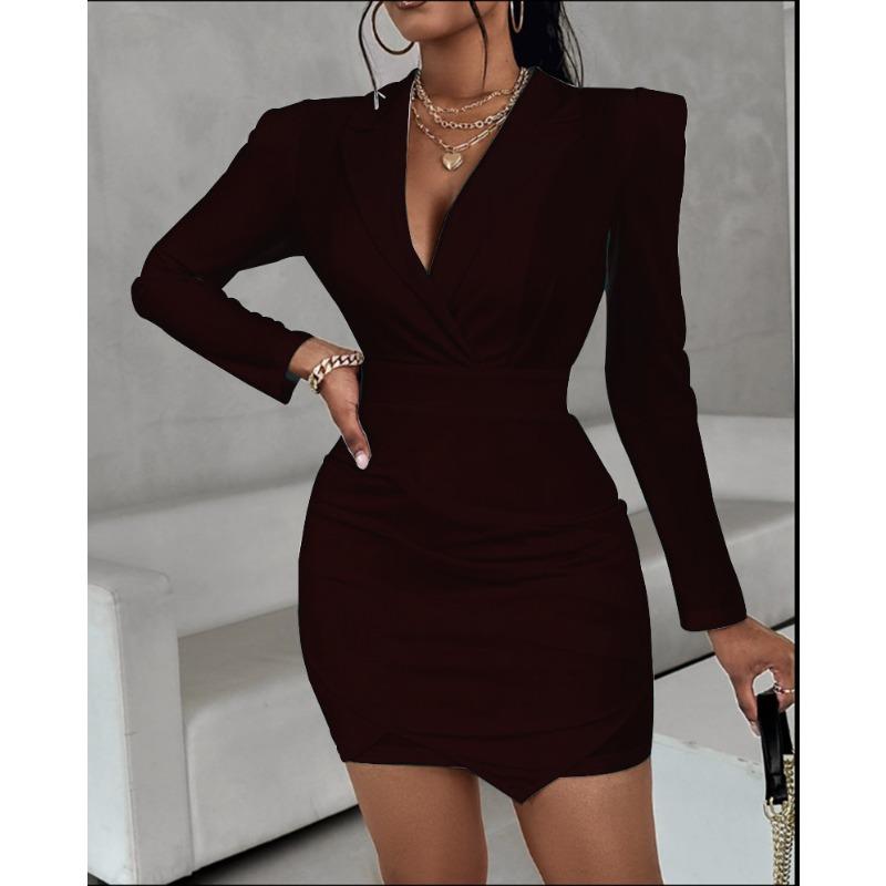 IHUASU Women's Fashion Autumn Winter Solid Color Print Long Sleeve POLO Neck Casual Dresses