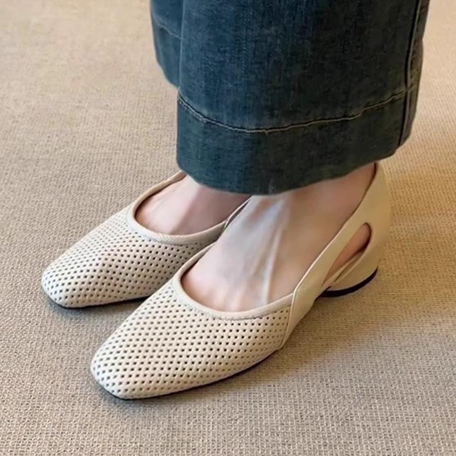 Super soft leather~ French cool single shoes women's square head hollow hole shoes retro shallow mouth hollow breathable Mary Jane shoes