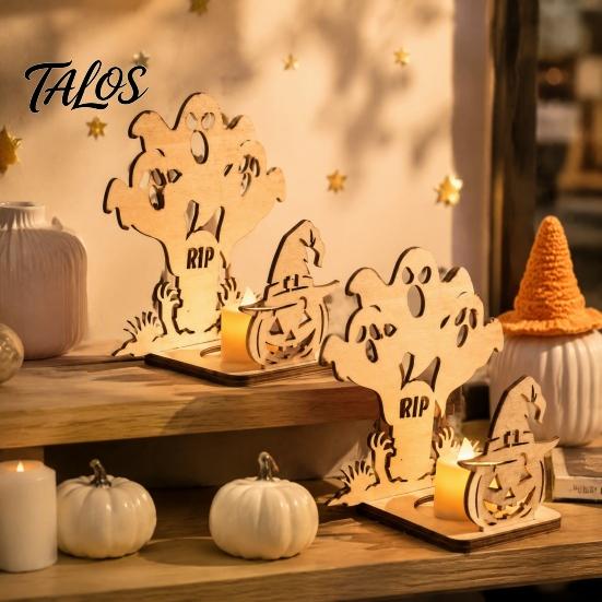 Spooky Atmosphere Tabletop Light Halloween Candle Holder, Pumpkin Bat Shadow Tealight Unique Hollowed Craft Gift Vintage Wooden Candlestick