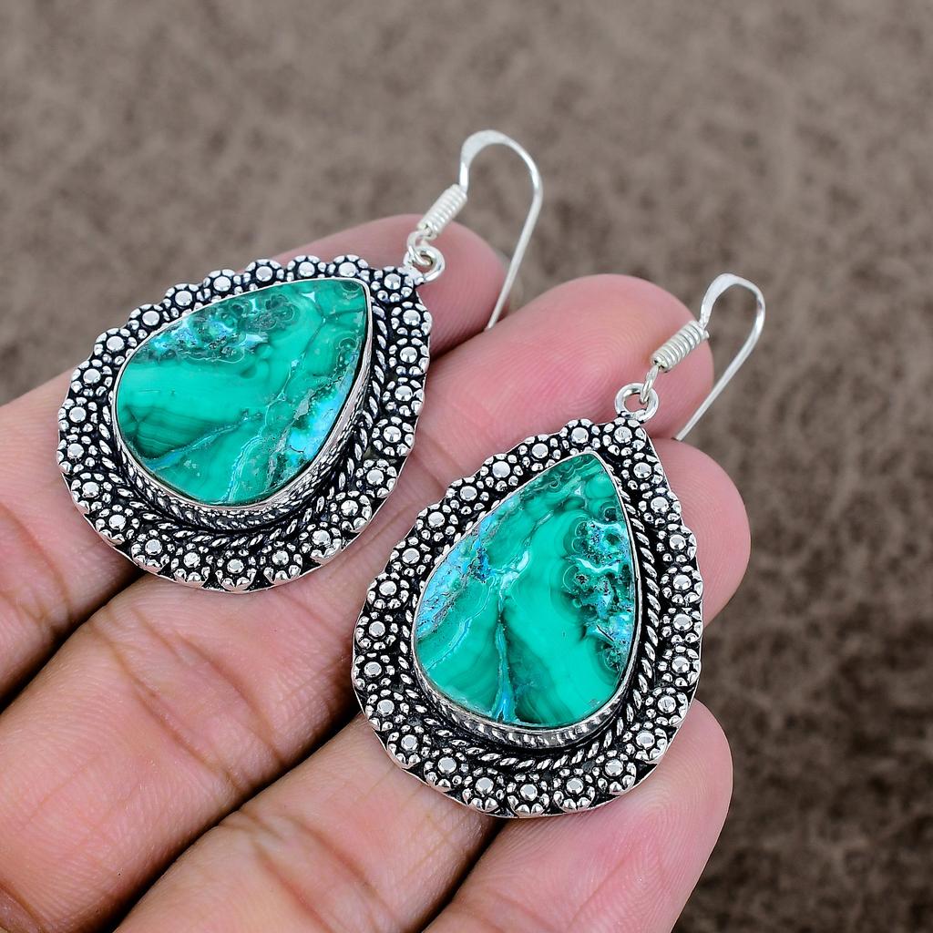 Chrysocolla Malachite Gemstone 925 Sterling Silver Jewelry Earring 2.25" KKG-707