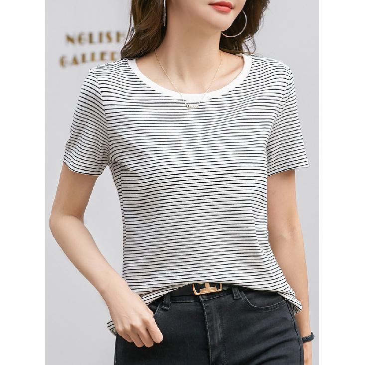 Women'S Striped T-Shirt Elegant Slim O-Neck Short Sleeve Cotton Top Loose Fit Office Casual Knitted Summer Women'S Tee Shirt