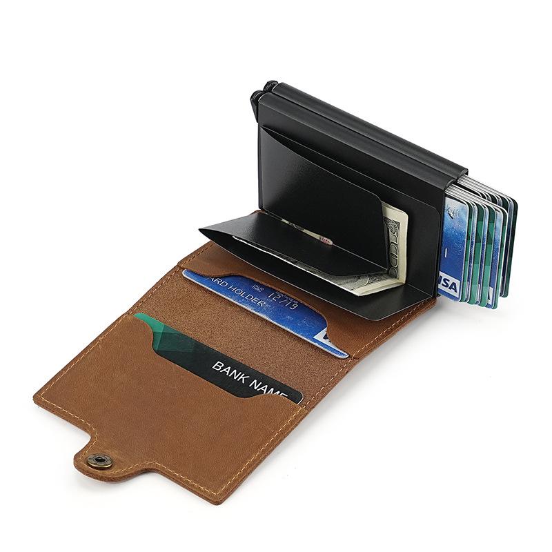 Vintage 2025 Men's Double-Layer Crazy Horse Leather Card Holder with Push-Button Pop-Up and Aluminum Clip