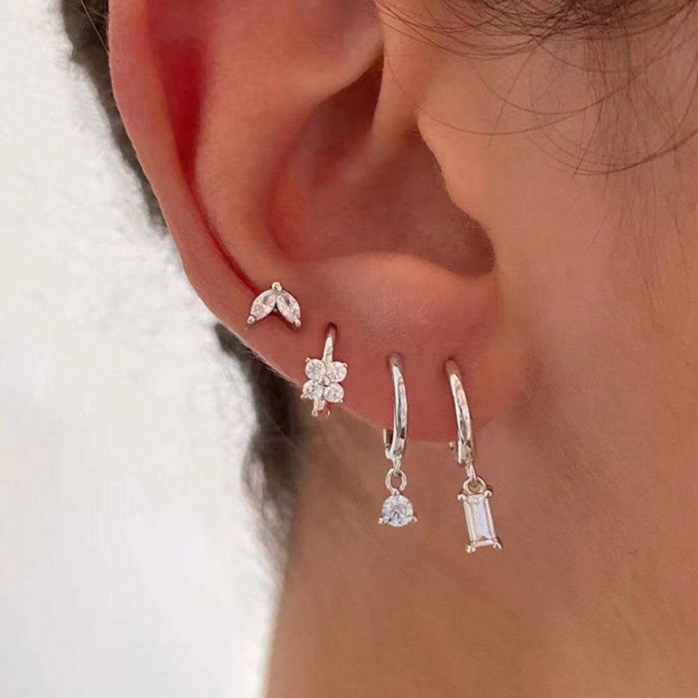 4PCS Fashion Green Crystal Zircon Stainless Steel Hoop Earrings Set For Women Daily Versatile Square Earring Piercing Jewelry