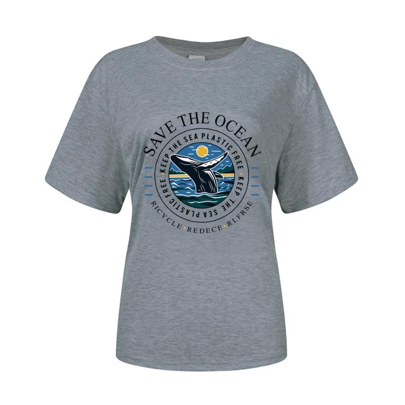 Spring Summer Whale Swimming Letter Pattern Printed Loose Fitting Cotton Short Sleeved Round Neck T-Shirts Women’s