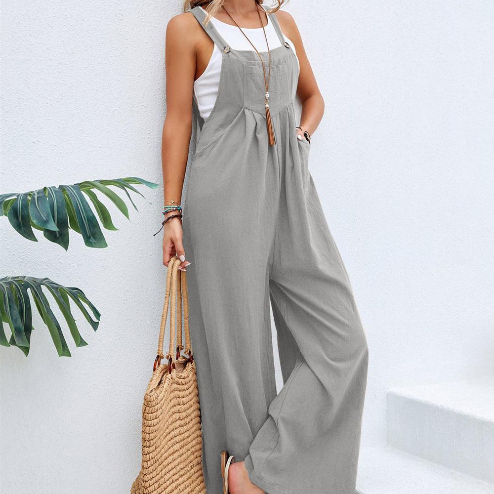 Sommer Dame Lang Jumpsuit Ensfarget Casual Løs Tynn Størrelse Ermeløs Stropper Vidt Bein Dame Seleskjørt Løs Jumpsuit