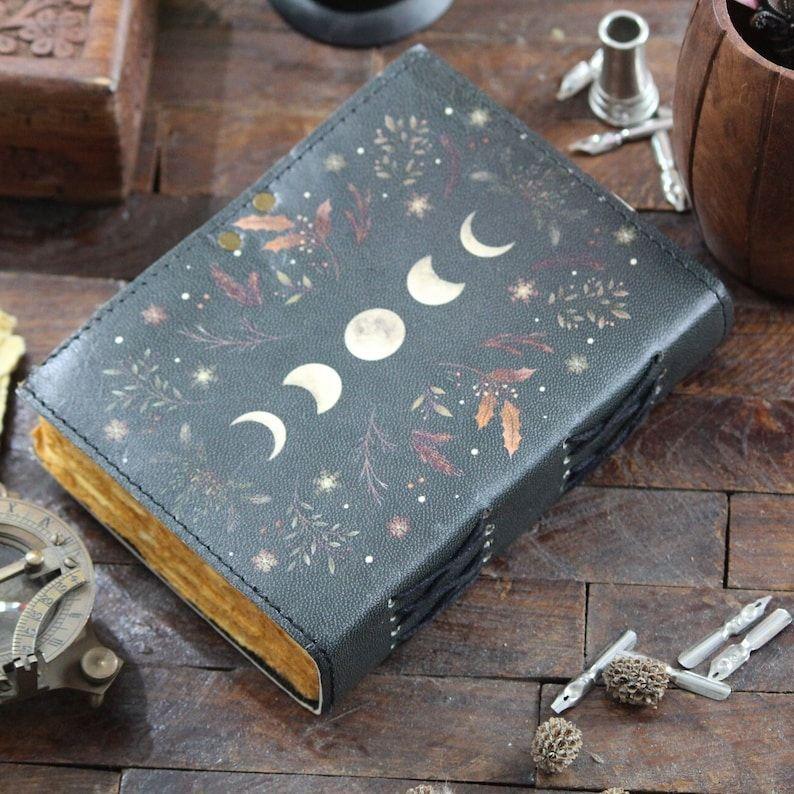 Moon Phase Leather Journal | Wiccan Spell Book of Shadows | Herbal Witch Grimoire | Celestial Notebook | Witchcore Aesthetic | Lunar Journal