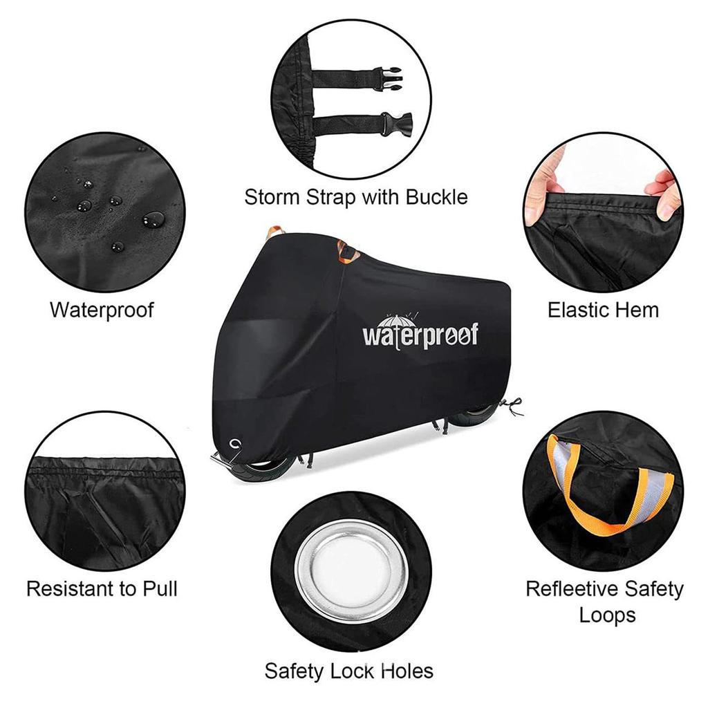 All Season Black Waterproof Sun Motorcycle Cover, Motorbike Cover Universal Weather Sun Outdoor Protection with Lock-Holes & Storage Bag
