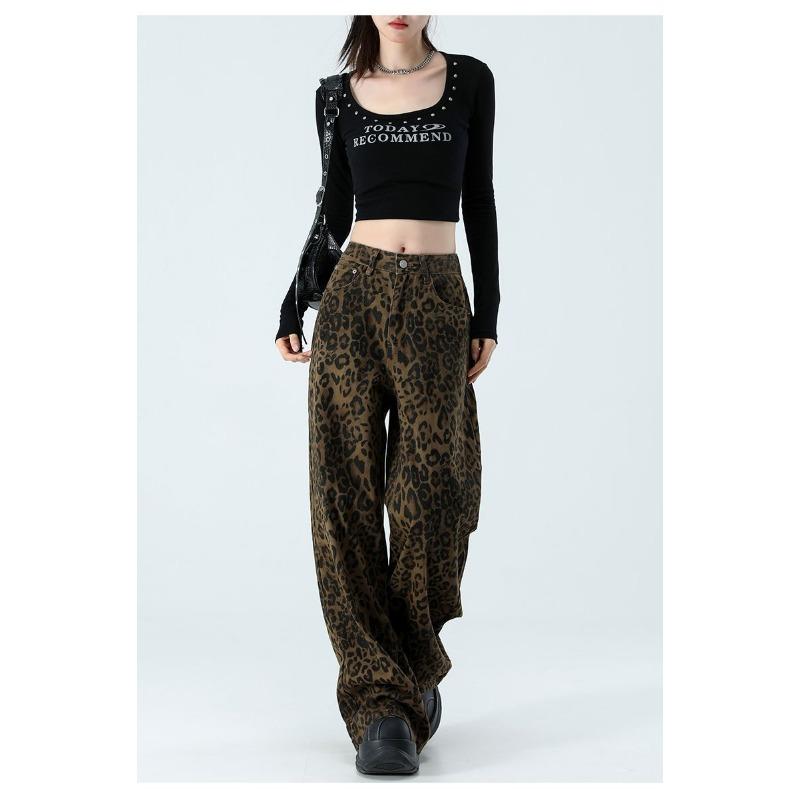 Womens High Waist Leopard Print Wide Leg Jeans Y2K Baggy Denim Trousers Streetwear