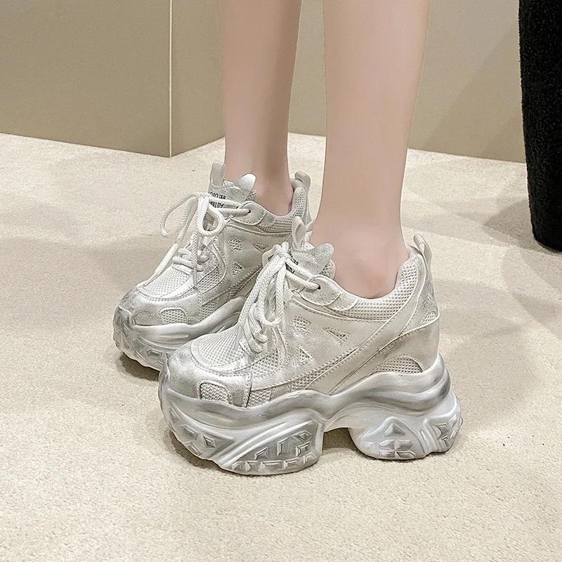 Fashion 10.5CM High Platform Sneakers Women New 2025 Mesh Shoes Comfortable Casual Chunky Shoes Wedge Heels Breathable Sneakers